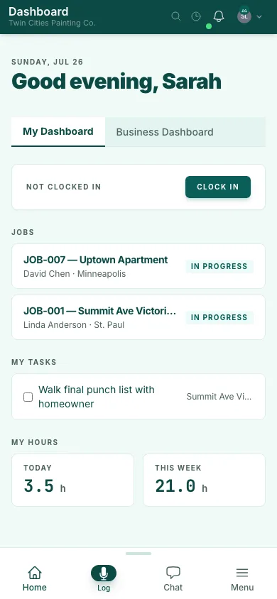 Mobile clock-in screen showing a Clock In button before the shift starts