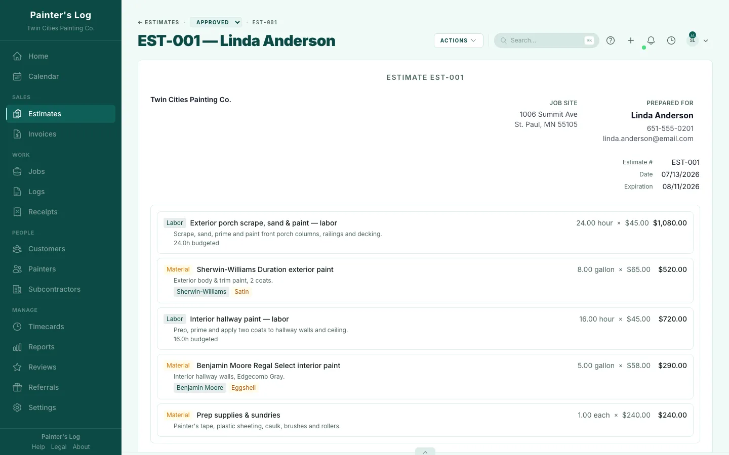 Estimate editor showing itemized labor and material line items